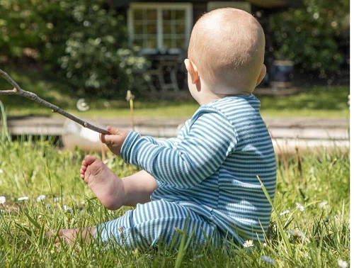 Joha heldragt blå striber merinould/silke